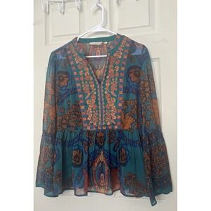 Soft Surroundings Embroidered Boho Chiffon Blouse Green Bell Sleeve Women's M